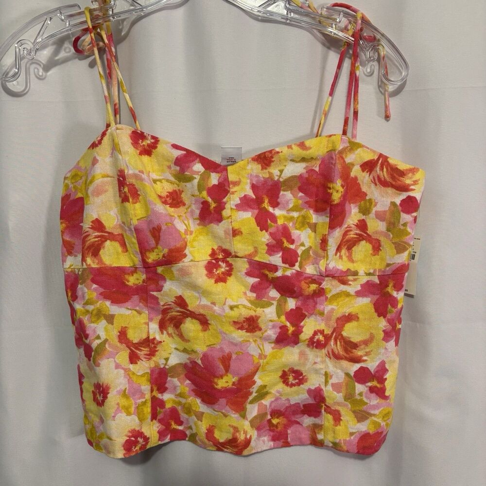 NWT Old Navy Floral Bustier Top Tank Smocked Back Fitted Tie Strap Small Linen - Picture 4 of 10